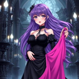 A striking gothic anime girl with long, flowing purple hair, elegantly dressed in a stunning black dress that beautifully accentuates her large bust