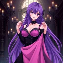 A striking gothic anime girl with long, flowing purple hair, elegantly dressed in a stunning black dress that beautifully accentuates her large bust