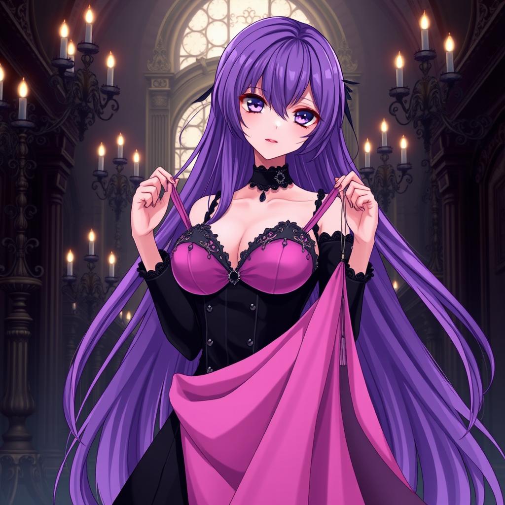 A striking gothic anime girl with long, flowing purple hair, elegantly dressed in a stunning black dress that beautifully accentuates her large bust