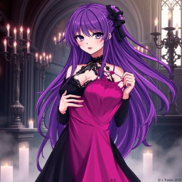 A striking gothic anime girl with long, flowing purple hair, elegantly dressed in a stunning black dress that beautifully accentuates her large bust
