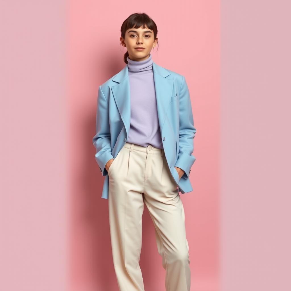 An elegant image of a teenager standing confidently against a smooth, dusty pink backdrop