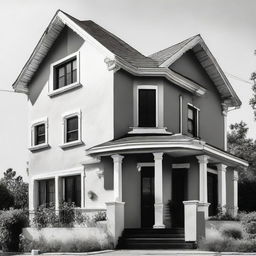 A house with a fresh coat of paint, starkly contrasted in black and white.