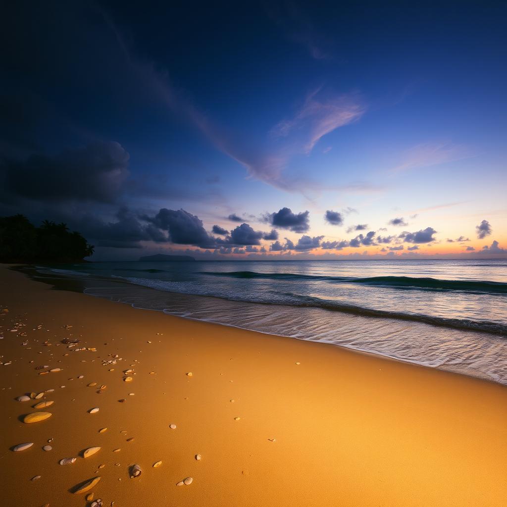 A serene beach scene featuring a vast stretch of shoreline and dark black water reflecting the twilight sky