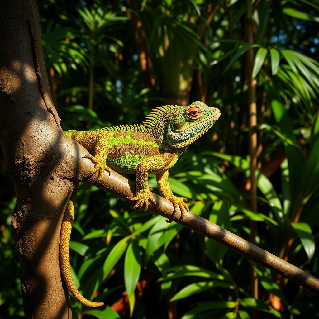 A unique two-headed reptile gracefully perched on a lush green tree branch