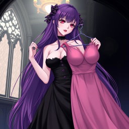 A stunning gothic anime girl with long, flowing purple hair, dressed in a beautiful black dress that accentuates her large bust