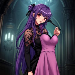A stunning gothic anime girl with long, flowing purple hair, dressed in a beautiful black dress that accentuates her large bust