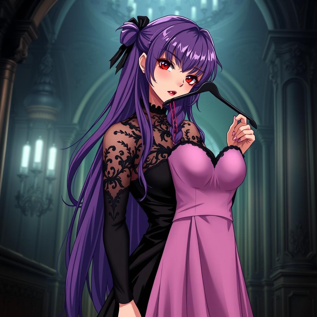 A stunning gothic anime girl with long, flowing purple hair, dressed in a beautiful black dress that accentuates her large bust