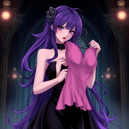 A stunning gothic anime girl with long, flowing purple hair, dressed in a beautiful black dress that accentuates her large bust
