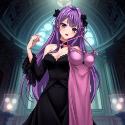 A stunning gothic anime girl with long, flowing purple hair, dressed in a beautiful black dress that accentuates her large bust