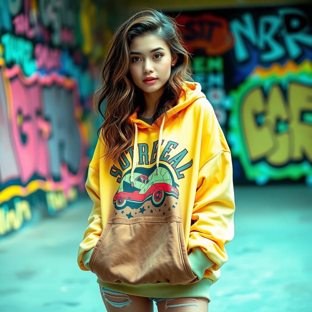 A stylish young woman wearing a trendy hoodie, standing confidently in an urban setting