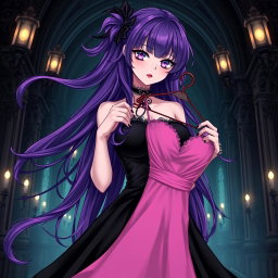 A mesmerizing gothic anime girl with long, flowing purple hair, dressed in an exquisite black dress that highlights her large bust