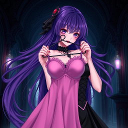 A mesmerizing gothic anime girl with long, flowing purple hair, dressed in an exquisite black dress that highlights her large bust