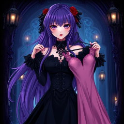 A mesmerizing gothic anime girl with long, flowing purple hair, dressed in an exquisite black dress that highlights her large bust