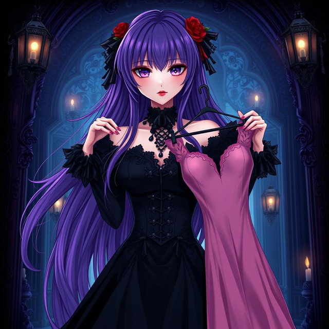 A mesmerizing gothic anime girl with long, flowing purple hair, dressed in an exquisite black dress that highlights her large bust