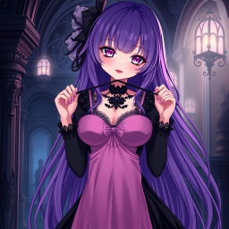 A mesmerizing gothic anime girl with long, flowing purple hair, dressed in an exquisite black dress that highlights her large bust