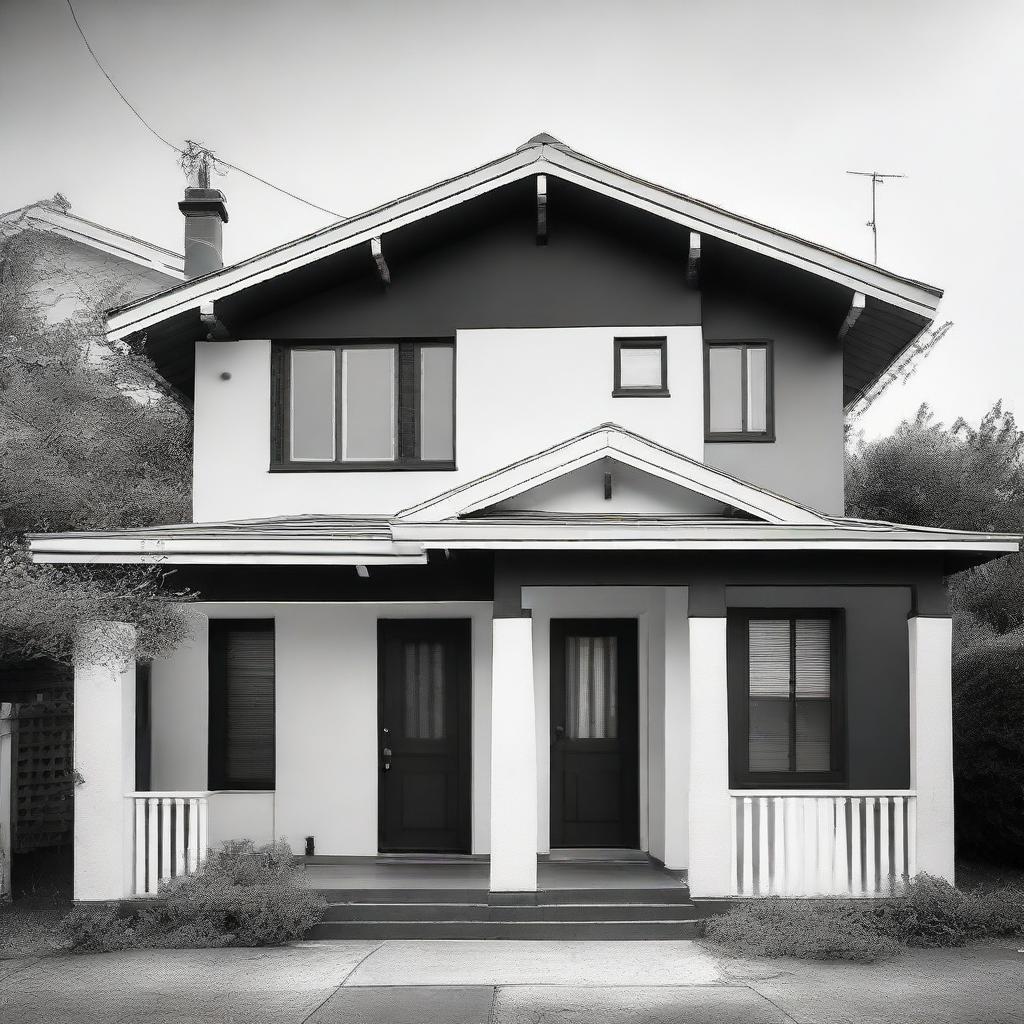 A house with a fresh coat of paint, starkly contrasted in black and white.