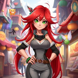 A character design of a vibrant, charismatic young woman with long, flowing red hair, wearing a stylish, form-fitting outfit with a mix of modern and fantasy elements