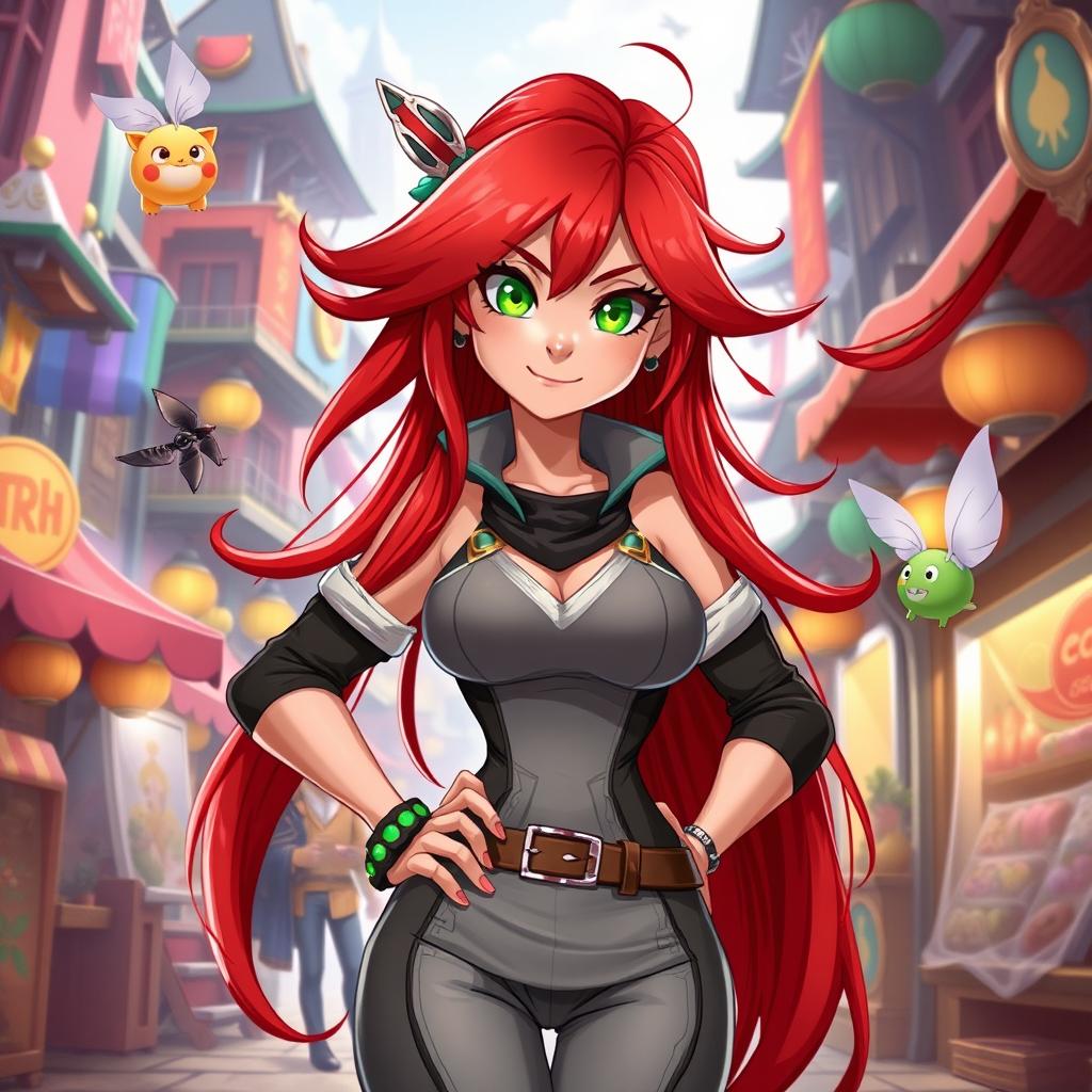 A character design of a vibrant, charismatic young woman with long, flowing red hair, wearing a stylish, form-fitting outfit with a mix of modern and fantasy elements