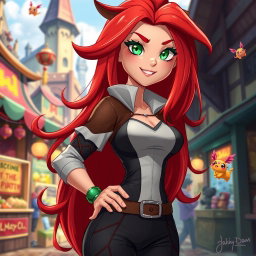 A character design of a vibrant, charismatic young woman with long, flowing red hair, wearing a stylish, form-fitting outfit with a mix of modern and fantasy elements
