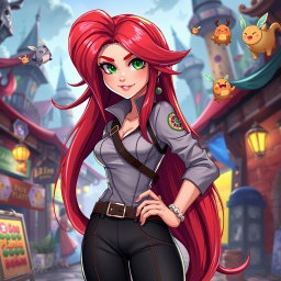 A character design of a vibrant, charismatic young woman with long, flowing red hair, wearing a stylish, form-fitting outfit with a mix of modern and fantasy elements