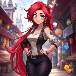 A character design of a vibrant, charismatic young woman with long, flowing red hair, wearing a stylish, form-fitting outfit with a mix of modern and fantasy elements
