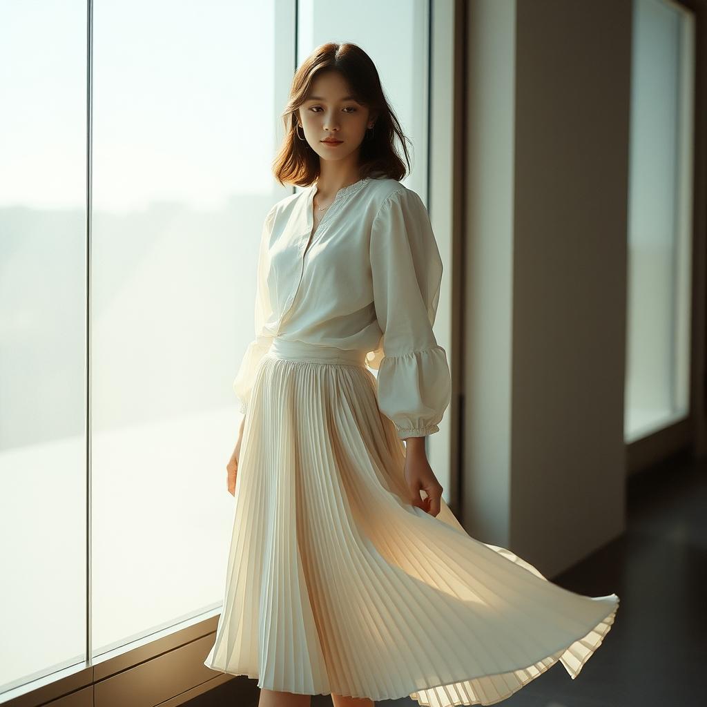 A captivating image of a teenager standing beside a large reflective glass pane, dressed in a flowing white blouse and a pleated skirt that gracefully sways with movement