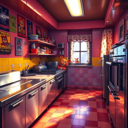 A brightly lit kitchen inspired by the Five Nights at Freddy's franchise, featuring a large stainless steel counter with cooking equipment like a deep fryer, grill, and a pizza oven