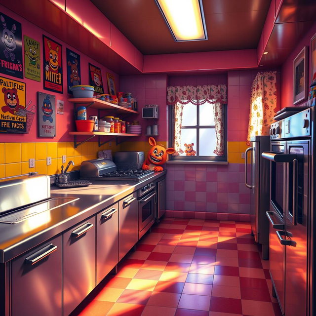 A brightly lit kitchen inspired by the Five Nights at Freddy's franchise, featuring a large stainless steel counter with cooking equipment like a deep fryer, grill, and a pizza oven