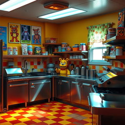 A brightly lit kitchen inspired by the Five Nights at Freddy's franchise, featuring a large stainless steel counter with cooking equipment like a deep fryer, grill, and a pizza oven