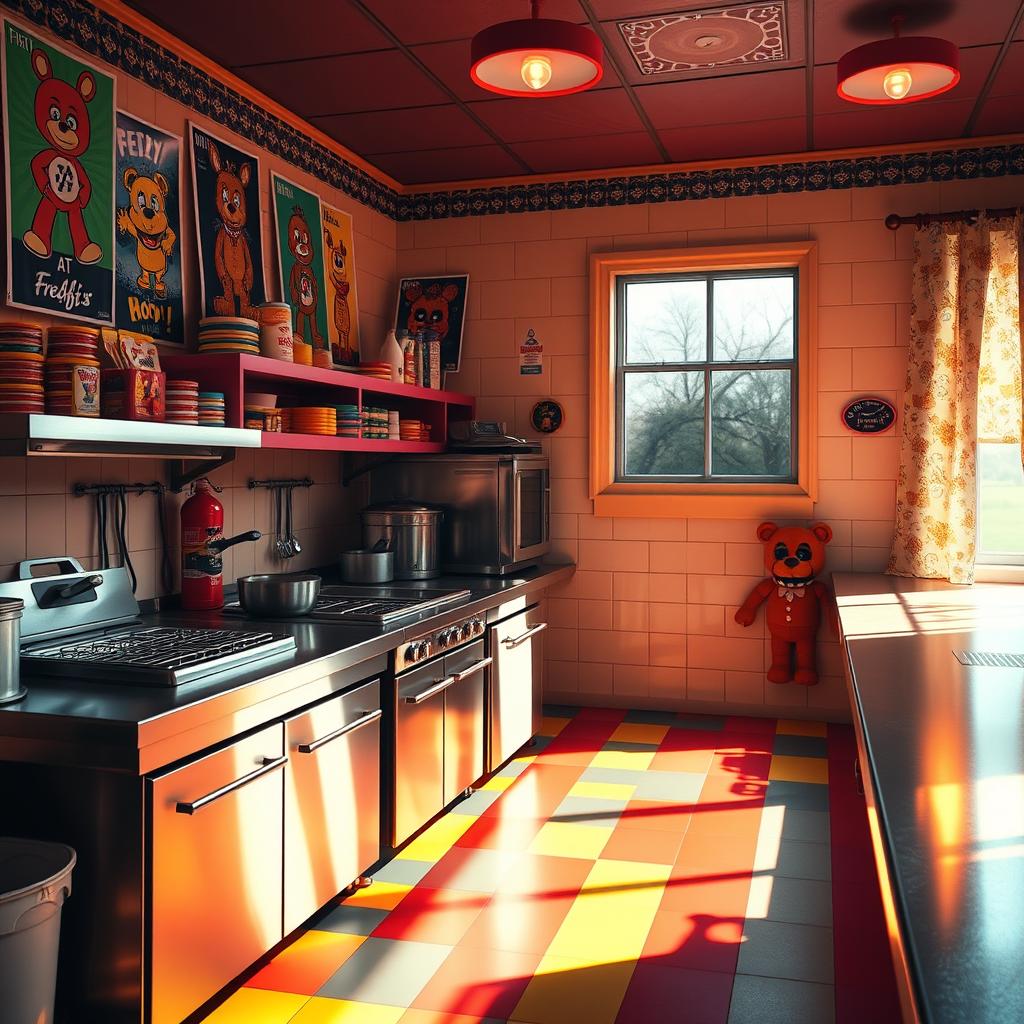 A brightly lit kitchen inspired by the Five Nights at Freddy's franchise, featuring a large stainless steel counter with cooking equipment like a deep fryer, grill, and a pizza oven