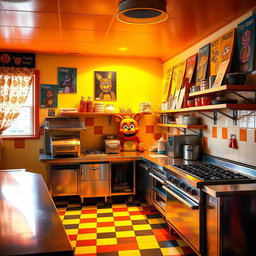 A brightly lit kitchen inspired by the Five Nights at Freddy's franchise, featuring a large stainless steel counter with cooking equipment like a deep fryer, grill, and a pizza oven