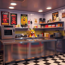 A vividly designed kitchen from the Five Nights at Freddy's universe, showcasing a large, sleek stainless steel industrial counter filled with various kitchen appliances, like a deep fryer, pizza oven, and a grill