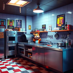 A vividly designed kitchen from the Five Nights at Freddy's universe, showcasing a large, sleek stainless steel industrial counter filled with various kitchen appliances, like a deep fryer, pizza oven, and a grill