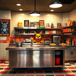 A vividly designed kitchen from the Five Nights at Freddy's universe, showcasing a large, sleek stainless steel industrial counter filled with various kitchen appliances, like a deep fryer, pizza oven, and a grill