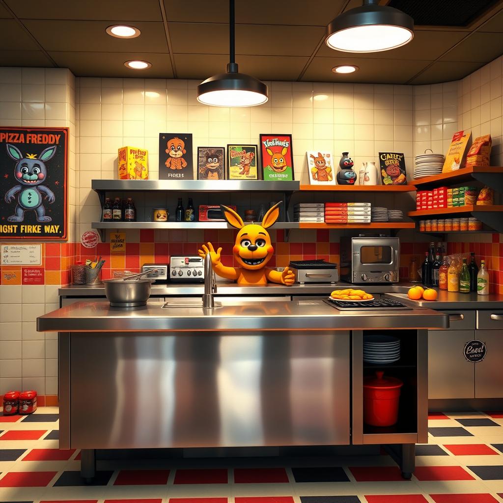 A vividly designed kitchen from the Five Nights at Freddy's universe, showcasing a large, sleek stainless steel industrial counter filled with various kitchen appliances, like a deep fryer, pizza oven, and a grill
