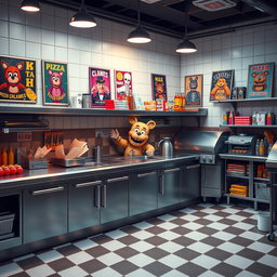 A vividly designed kitchen from the Five Nights at Freddy's universe, showcasing a large, sleek stainless steel industrial counter filled with various kitchen appliances, like a deep fryer, pizza oven, and a grill