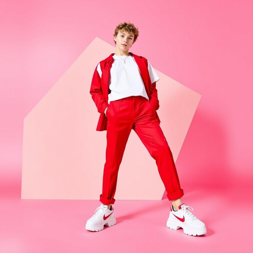 A vibrant image of a teenager sporting an all-red outfit, consisting of tailored trousers, a boxy tee, and stylish platform sneakers