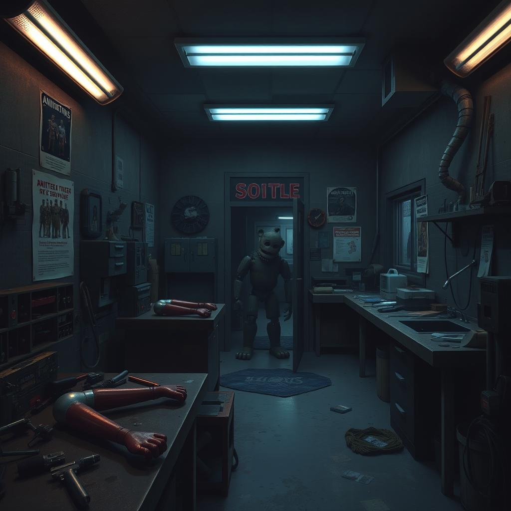 A detailed and atmospheric depiction of a Five Nights at Freddy's Parts and Service room, showcasing various animatronic repair stations