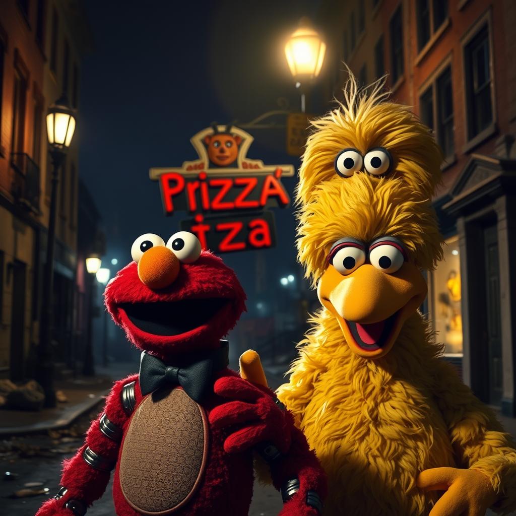 An imaginative crossover scene combining elements from both Five Nights at Freddy's (FNAF) and Sesame Street