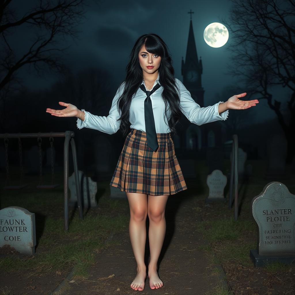 A beautiful, stunning, and curvy 19-year-old girl, barefoot, stands in an old haunted cemetery at midnight, welcoming you with her arms outstretched