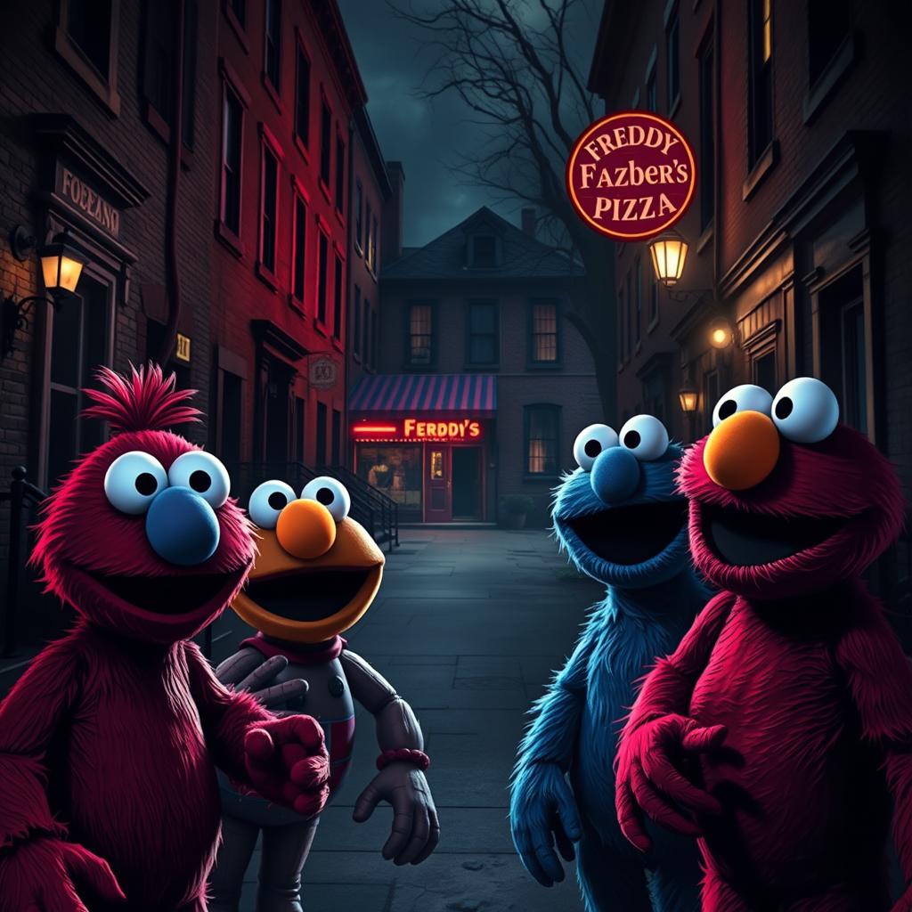 A creative and eerie crossover scene featuring a blend of Five Nights at Freddy's (FNAF) and Sesame Street
