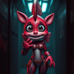 A humanoid female fish character inspired by Five Nights at Freddy's (FNAF), featuring a vibrant reddish-pink color