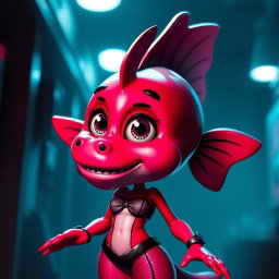 A humanoid female fish character inspired by Five Nights at Freddy's (FNAF), featuring a vibrant reddish-pink color