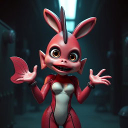 A humanoid female fish character inspired by Five Nights at Freddy's (FNAF), featuring a vibrant reddish-pink color