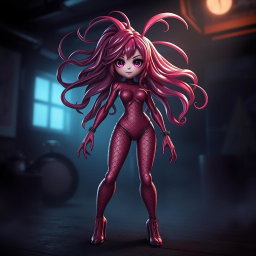A humanoid female fish character inspired by Five Nights at Freddy's (FNAF), designed with a striking reddish-pink color scheme