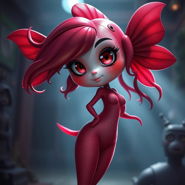 A humanoid female fish character inspired by Five Nights at Freddy's (FNAF), designed with a striking reddish-pink color scheme