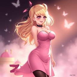 An alluring blond anime girl with large breasts, elegantly dressed in a stylish pink dress with padding that enhances her silhouette