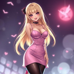 An alluring blond anime girl with large breasts, elegantly dressed in a stylish pink dress with padding that enhances her silhouette