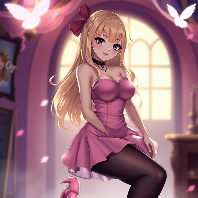 An alluring blond anime girl with large breasts, elegantly dressed in a stylish pink dress with padding that enhances her silhouette