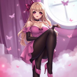 An alluring blond anime girl with large breasts, elegantly dressed in a stylish pink dress with padding that enhances her silhouette